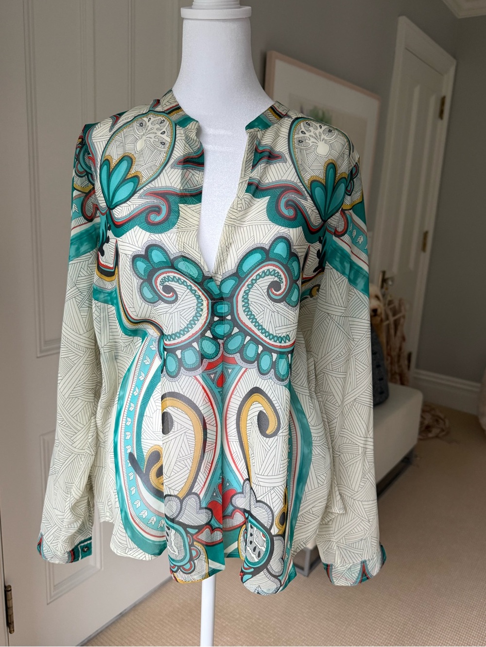 Anthropologie Teal and Cream Printed Long-Sleeve Blouse